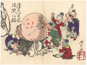 Children Blowing up the Belly of Hotei and Painting It Like a Candy from the series Sketches by Yoshitoshi